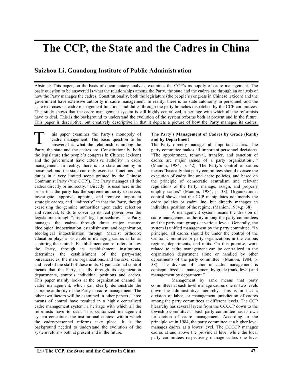 The CCP, the State and the Cadres in China