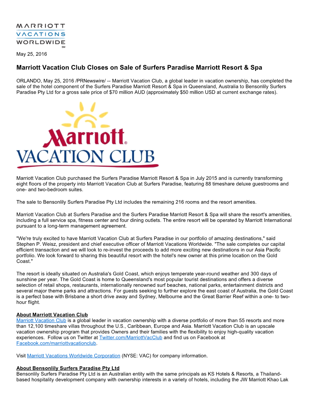 Marriott Vacation Club Closes on Sale of Surfers Paradise Marriott Resort & Spa