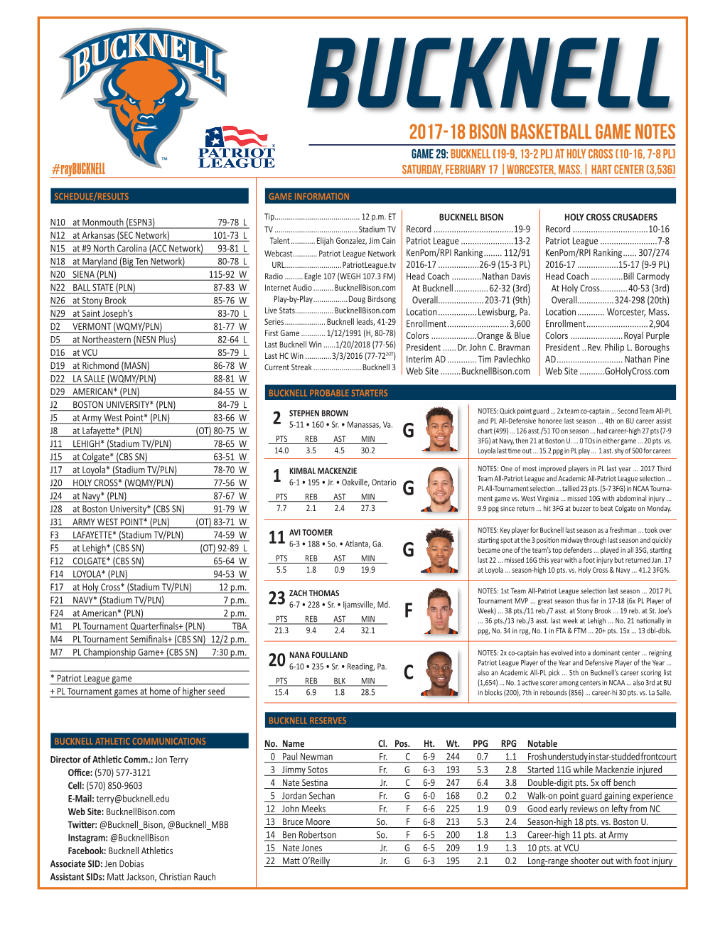 2017-18 Bison Basketball Game Notes