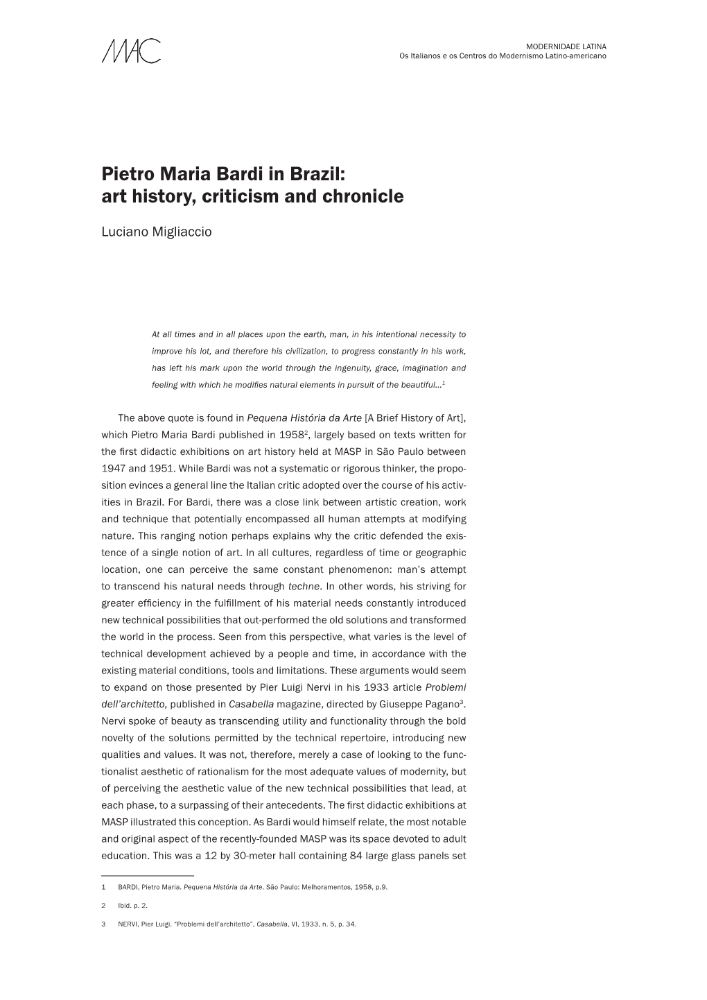 Pietro Maria Bardi in Brazil: Art History, Criticism and Chronicle