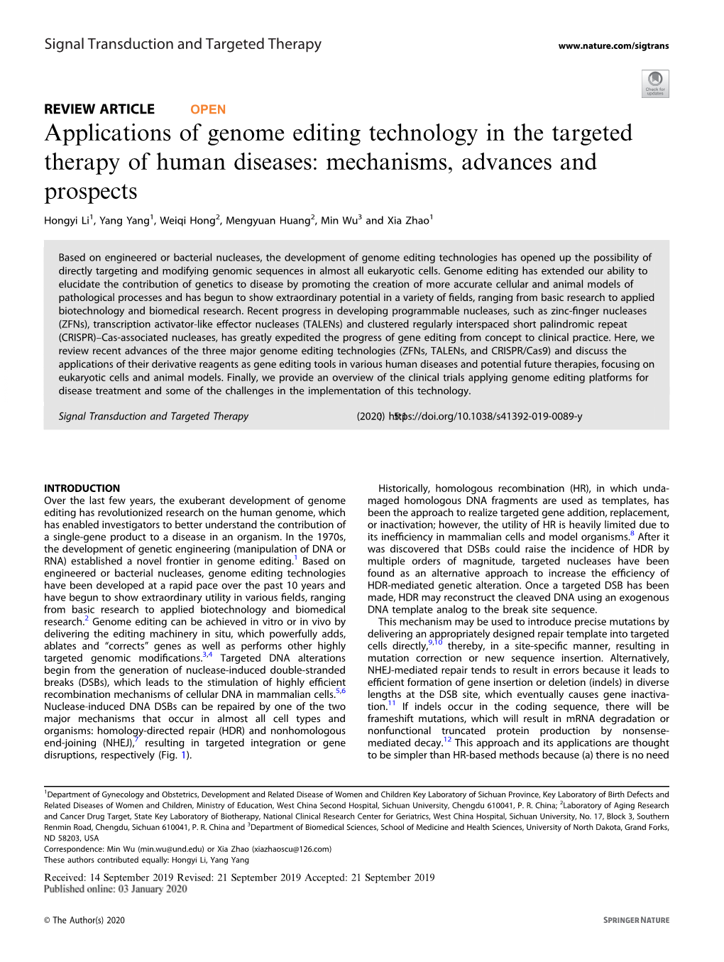 Applications of Genome Editing Technology in the Targeted Therapy of Human Diseases: Mechanisms, Advances and Prospects