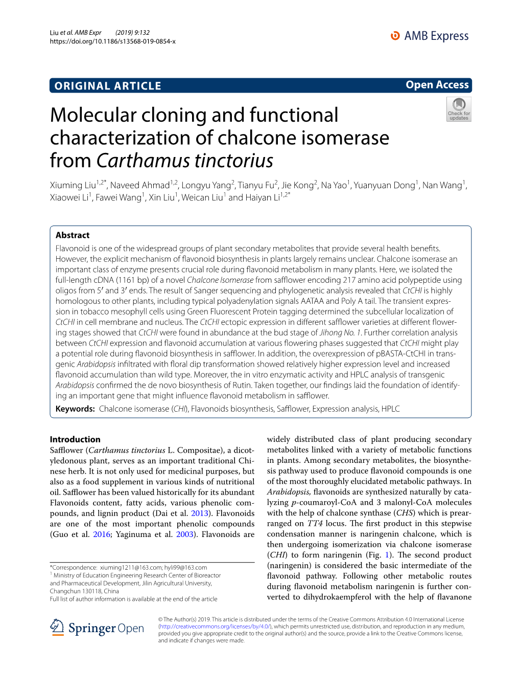 Molecular Cloning and Functional Characterization of Chalcone