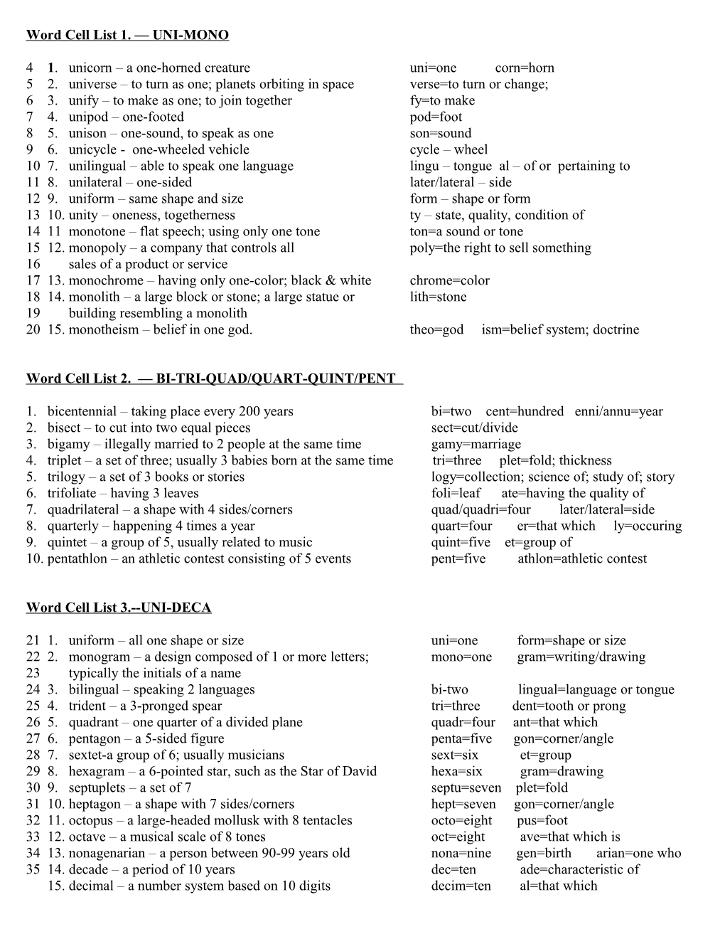 Word Cell List UNI-MONO