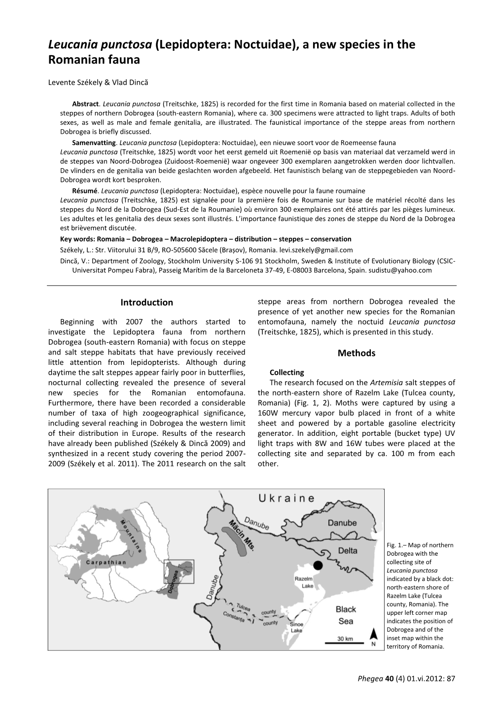 Leucania Punctosa (Lepidoptera: Noctuidae), a New Species in the Romanian Fauna