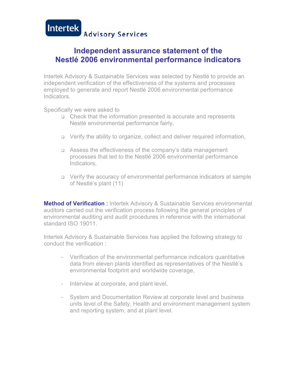 Verifier's Assurance Statement-Nestlé January 2007-Final