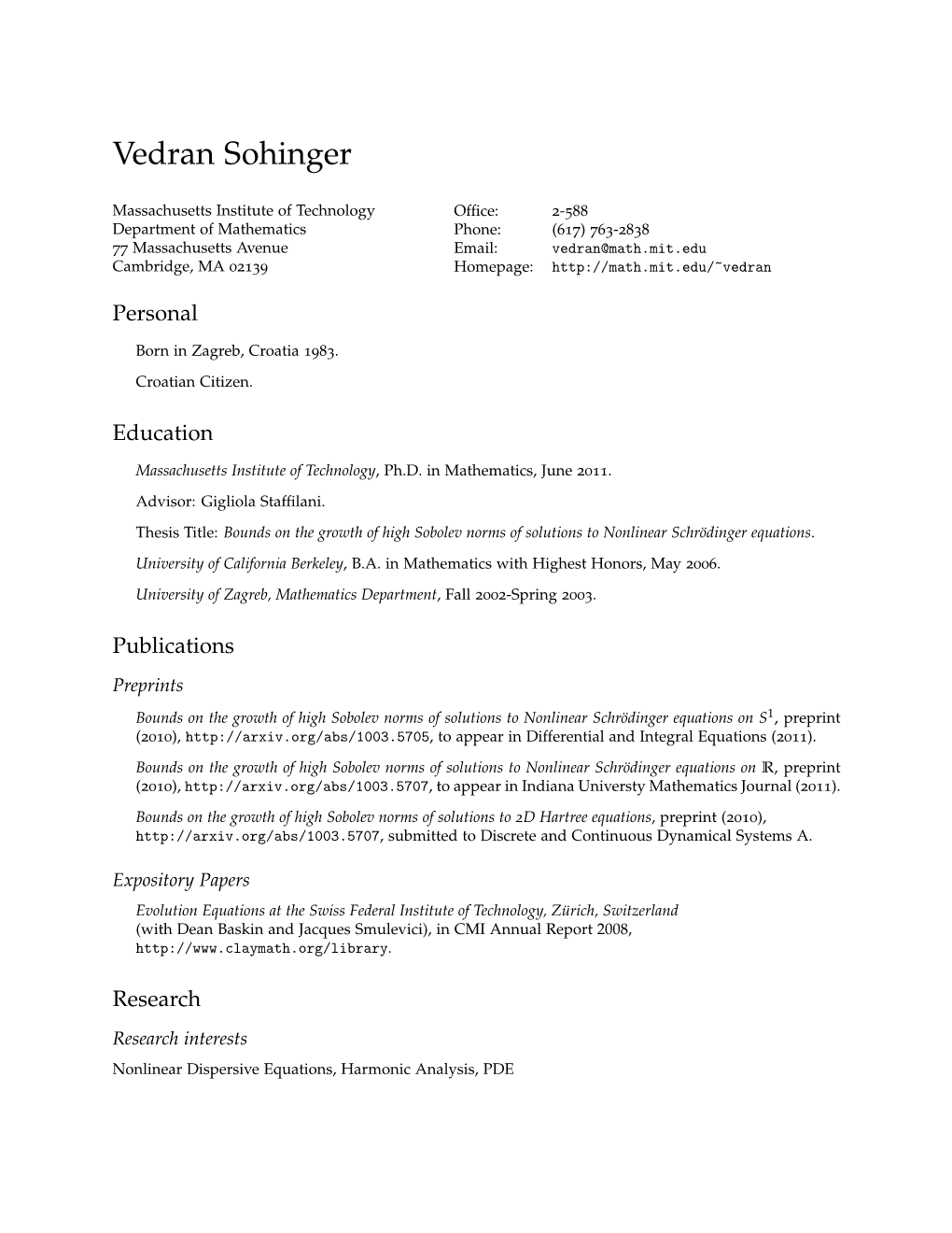 Vedran Sohinger: Curriculum Vitae