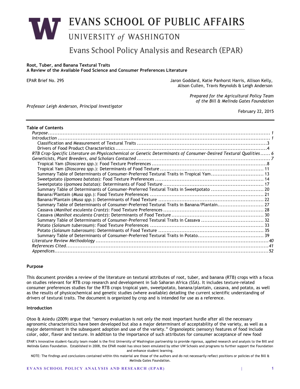 Root, Tuber, and Banana Textural Traits a Review of the Available Food Science and Consumer Preferences Literature EPAR Brief N