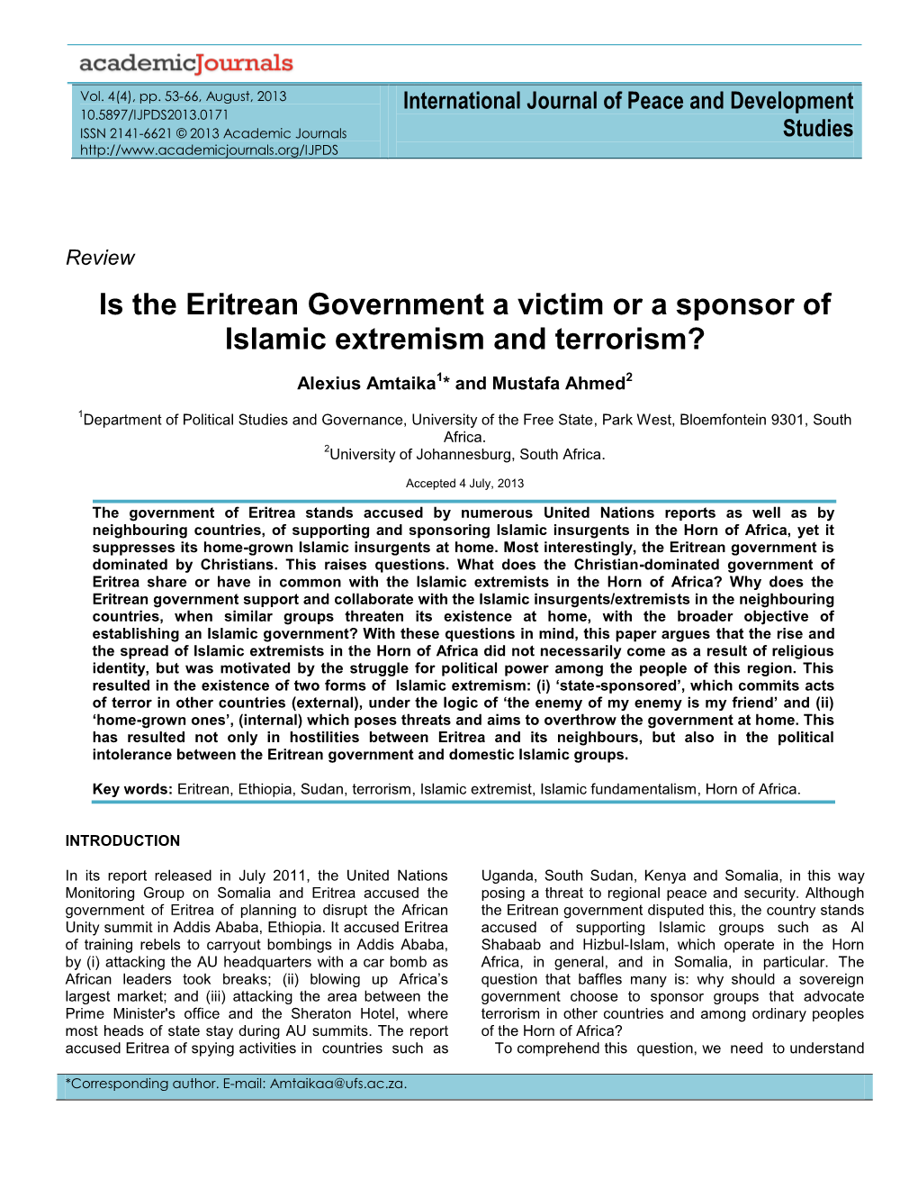 Is the Eritrean Government a Victim Or a Sponsor of Islamic Extremism and Terrorism?