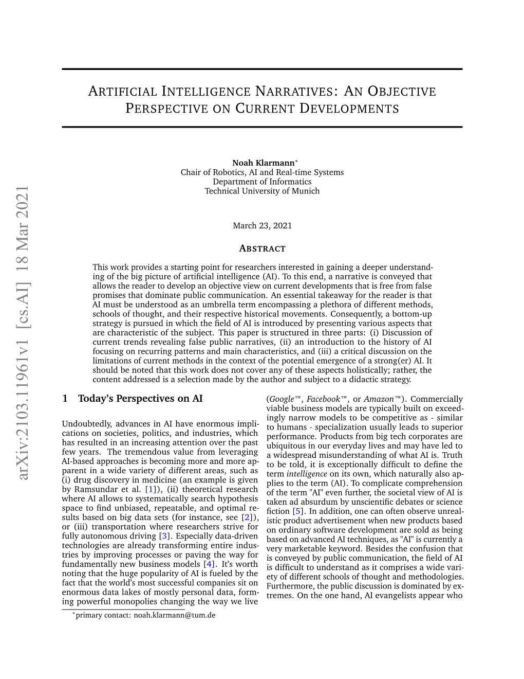 Artificial Intelligence Narratives: an Objective Perspective on Current