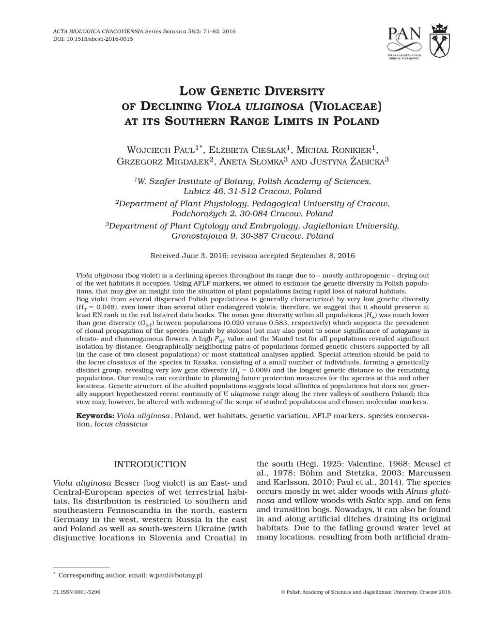 Low Genetic Diversity of Declining Viola Uliginosa (Violaceae) at Its Southern Range Limits in Poland