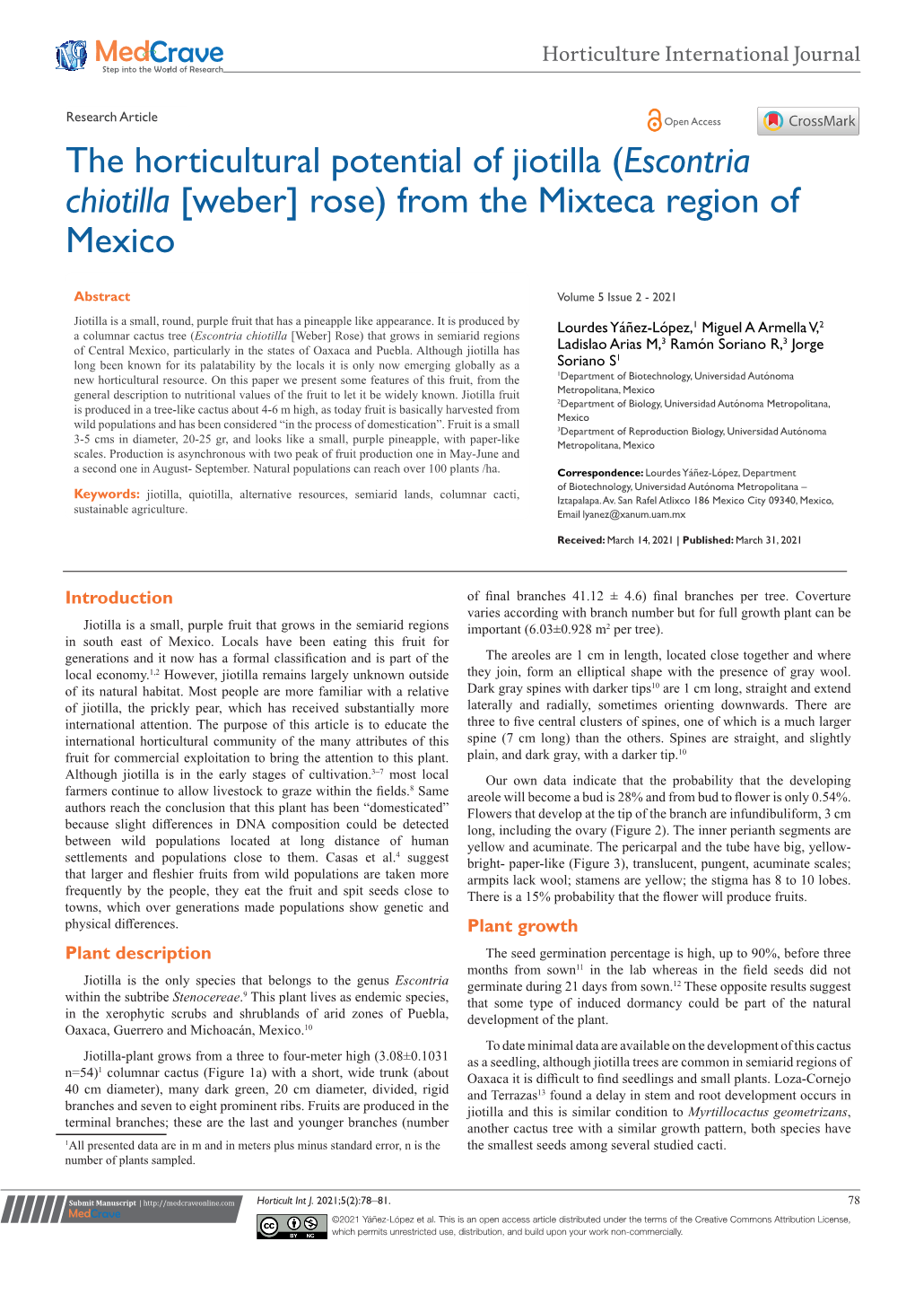 The Horticultural Potential of Jiotilla (Escontria Chiotilla [Weber] Rose) from the Mixteca Region of Mexico