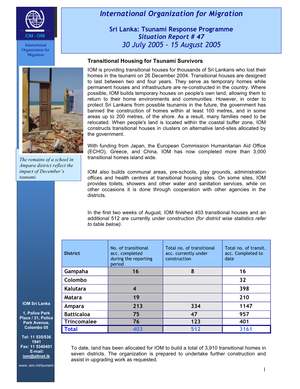 Sri Lanka: Tsunami Response Programme Situation Report # 47