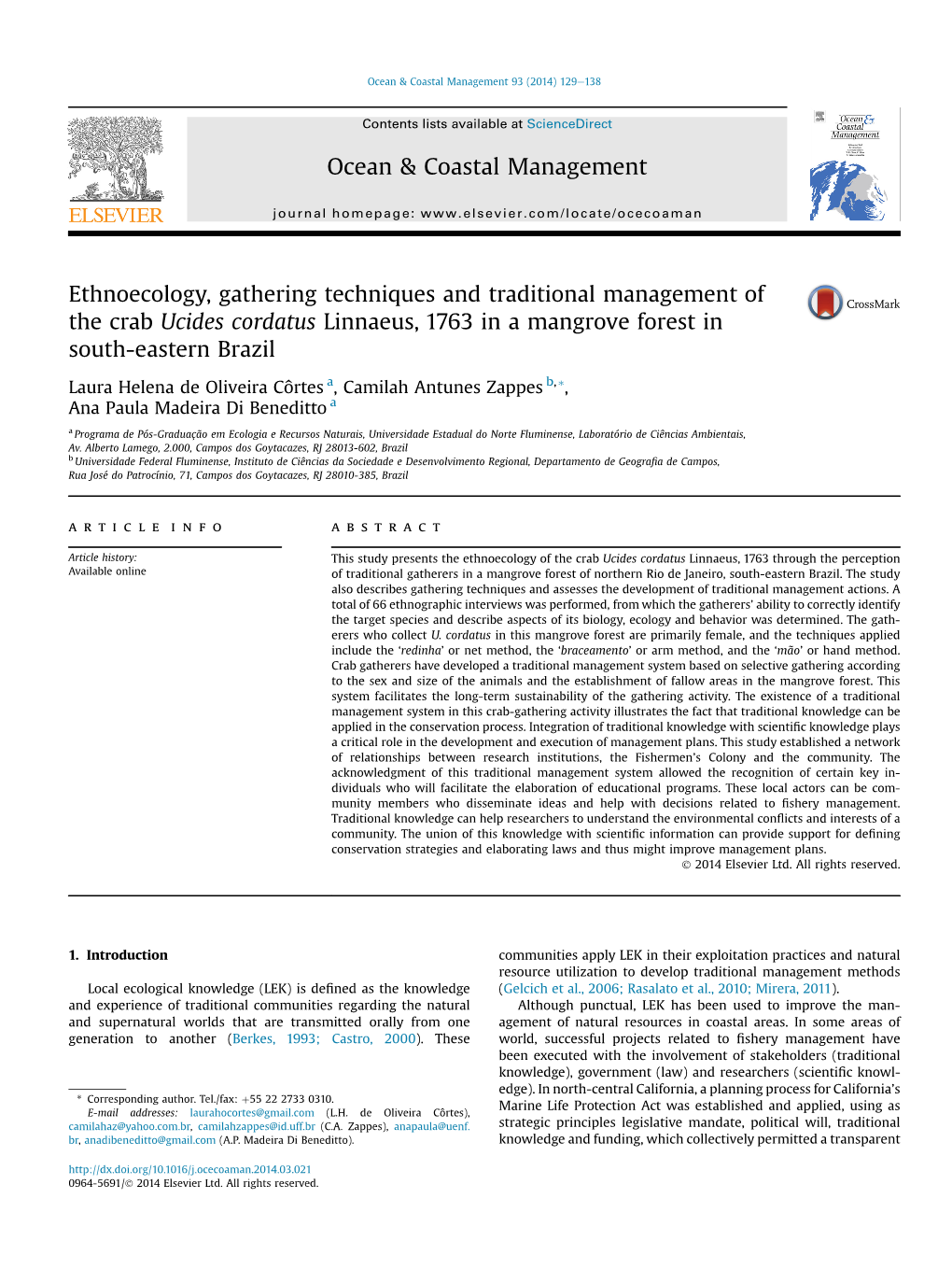 Ethnoecology, Gathering Techniques and Traditional Management of the Crab Ucides Cordatus Linnaeus, 1763 in a Mangrove Forest in South-Eastern Brazil