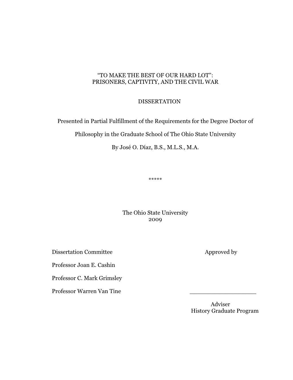 Prisoners, Captivity, and the Civil War Dissertation