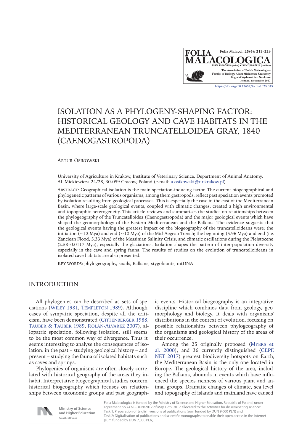 Isolation As a Phylogeny-Shaping Factor: Historical Geology and Cave Habitats in the Mediterranean Truncatelloidea Gray, 1840 (Caenogastropoda)