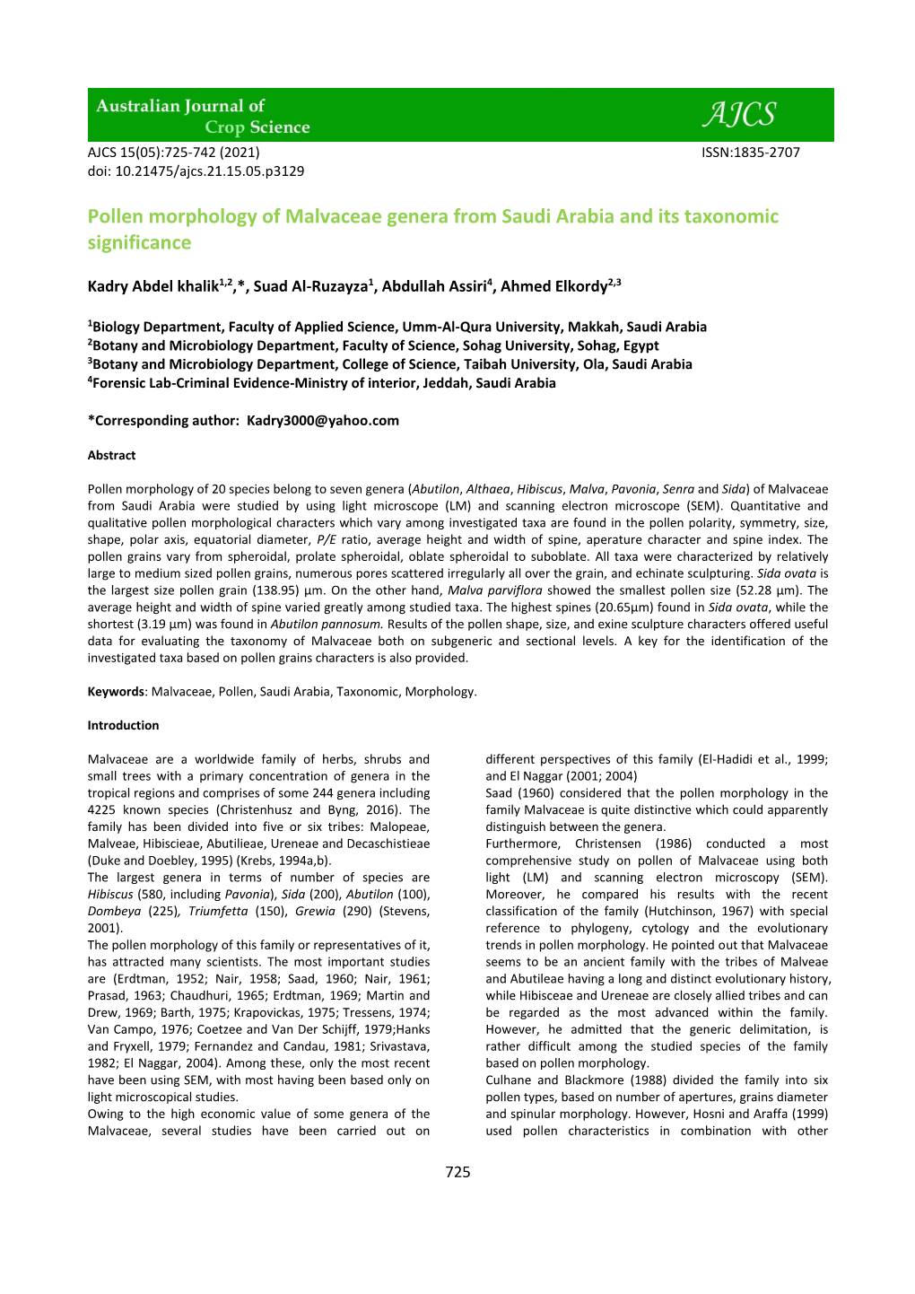 Pollen Morphology of Malvaceae Genera from Saudi Arabia and Its Taxonomic Significance