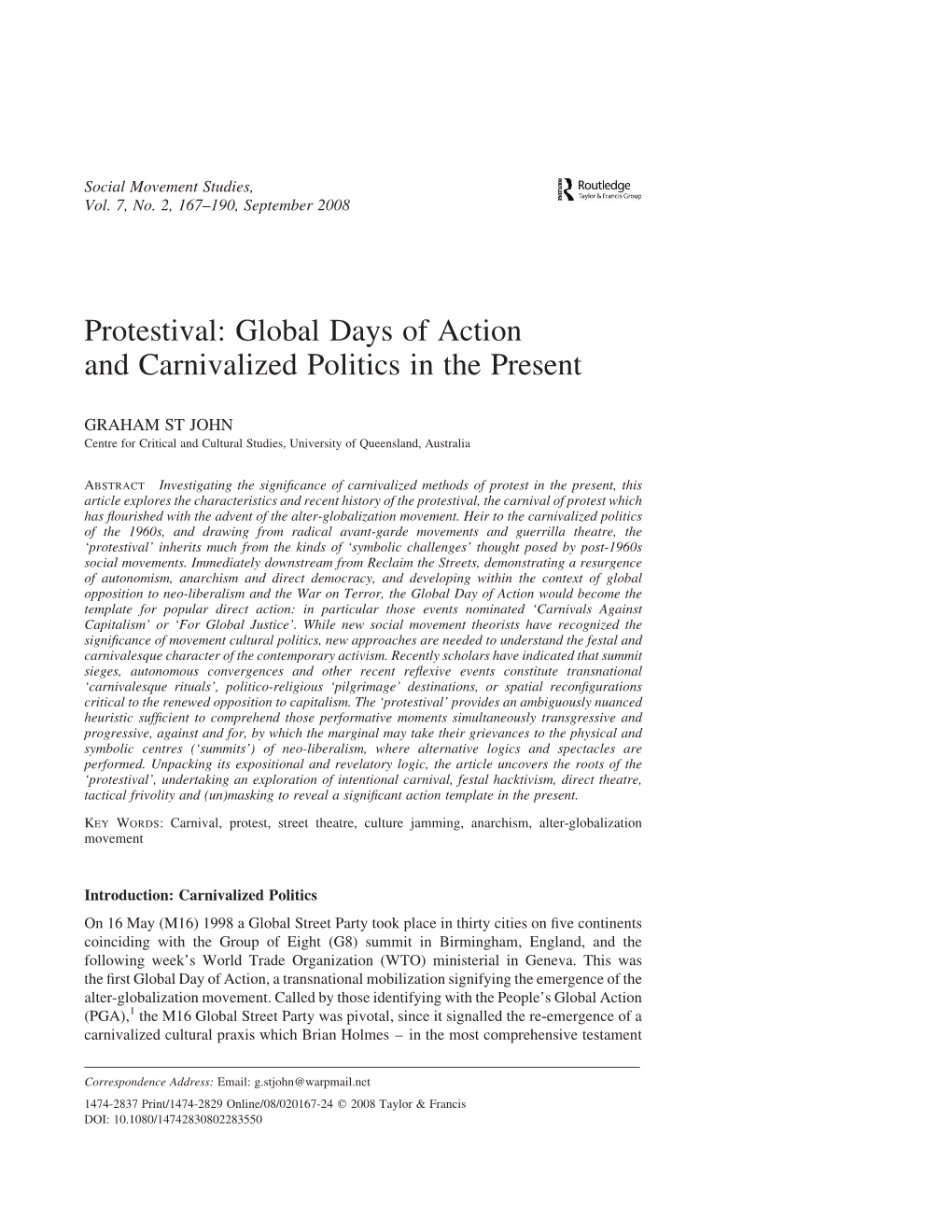 Protestival: Global Days of Action and Carnivalized Politics in the Present