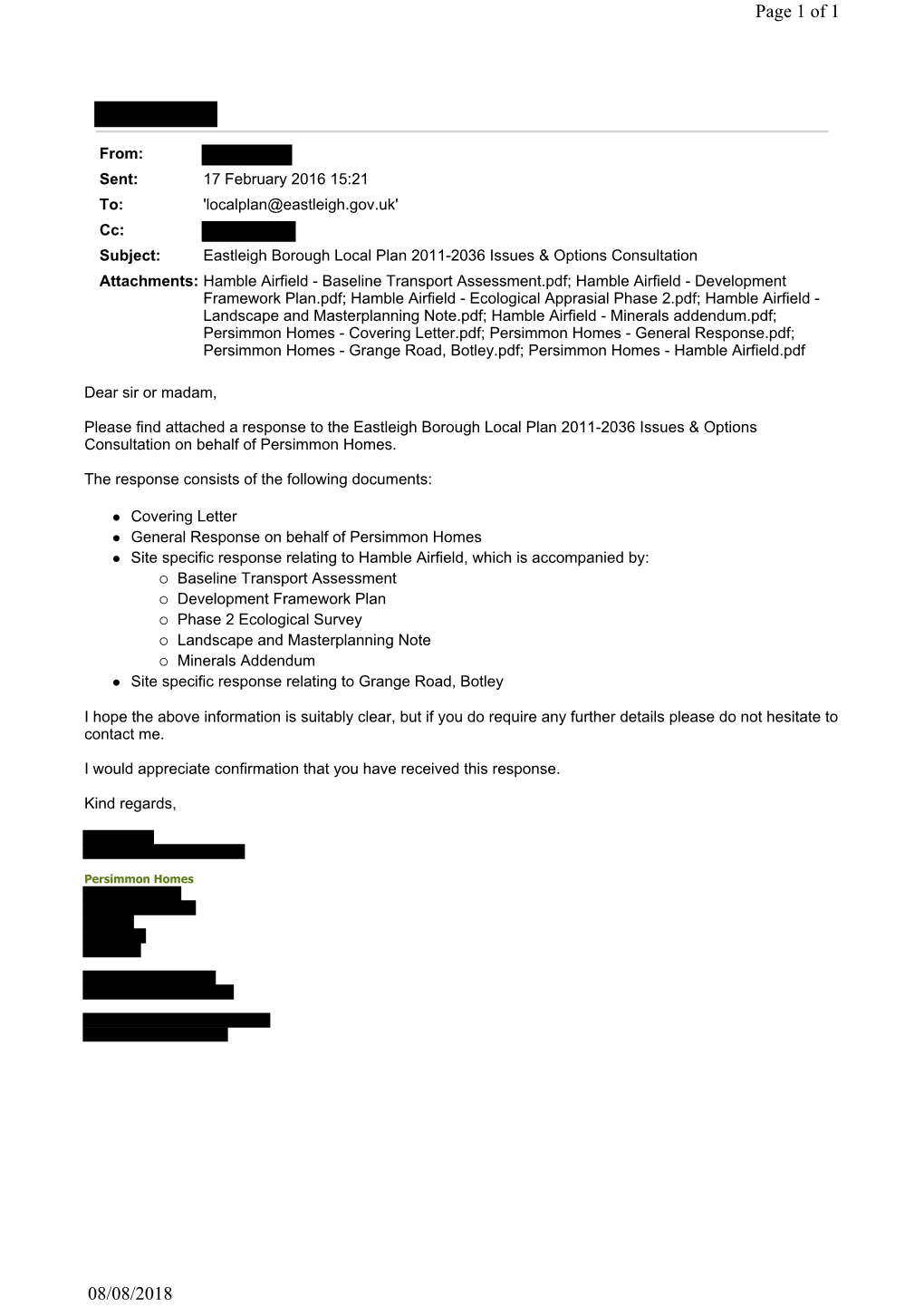 Persimmon Homes - Covering Letter.Pdf; Persimmon Homes - General Response.Pdf; Persimmon Homes - Grange Road, Botley.Pdf; Persimmon Homes - Hamble Airfield.Pdf