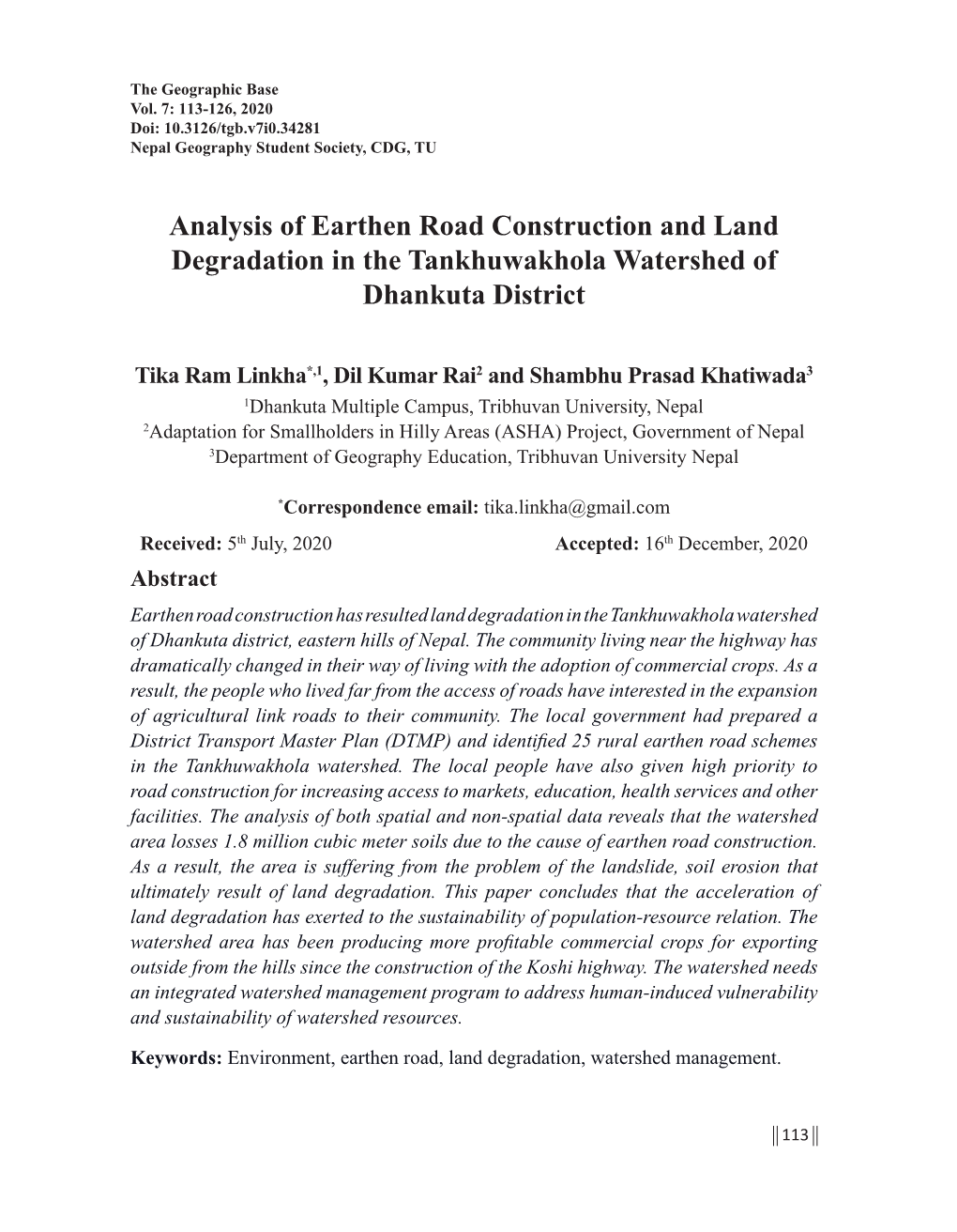 Analysis of Earthen Road Construction and Land Degradation in the Tankhuwakhola Watershed of Dhankuta District