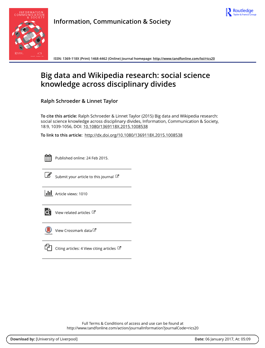 Big Data and Wikipedia Research: Social Science Knowledge Across Disciplinary Divides