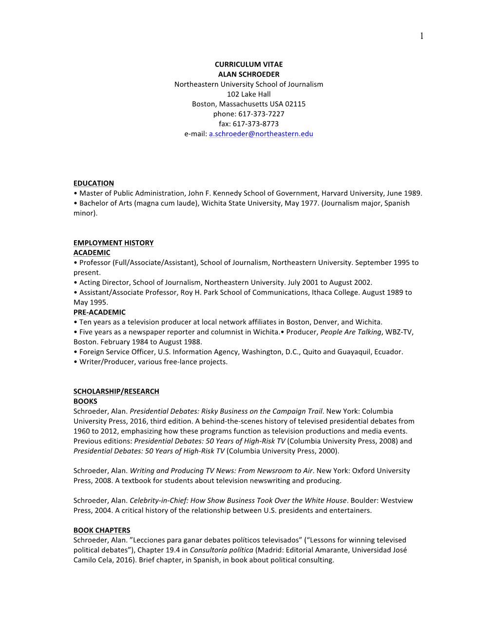 CURRICULUM VITAE ALAN SCHROEDER Northeastern