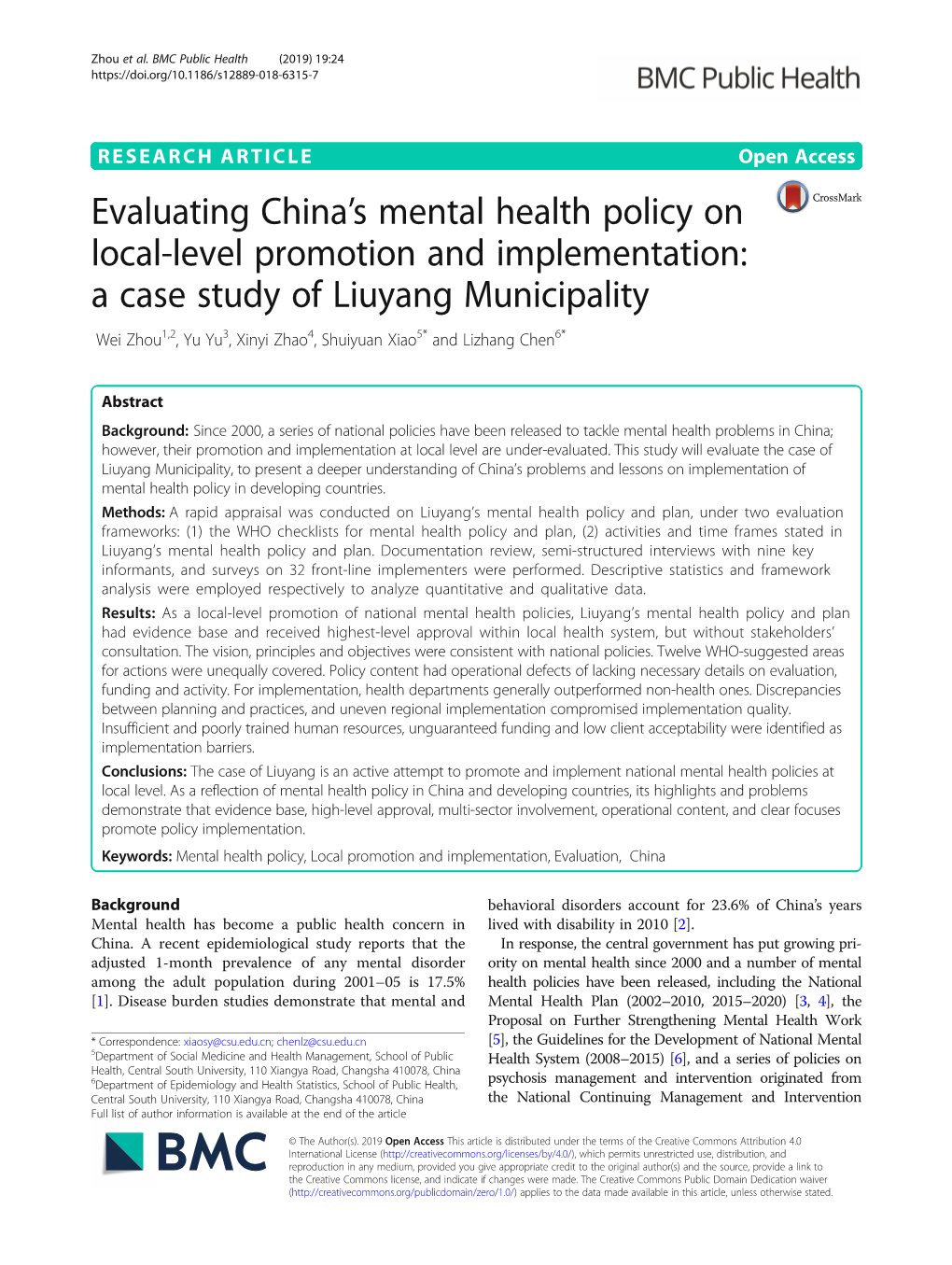 Evaluating China's Mental Health Policy on Local-Level Promotion and Implementation: a Case Study of Liuyang Municipality