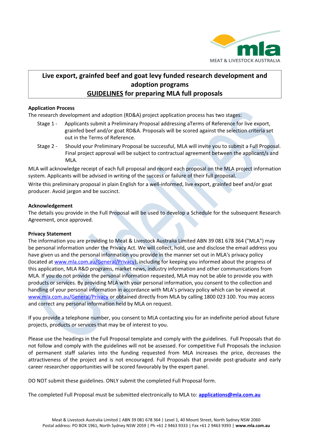 Full-Proposal-MLA-Guidelines Liveexport, Grainfed Beef and Goat Levy Funded Research Development