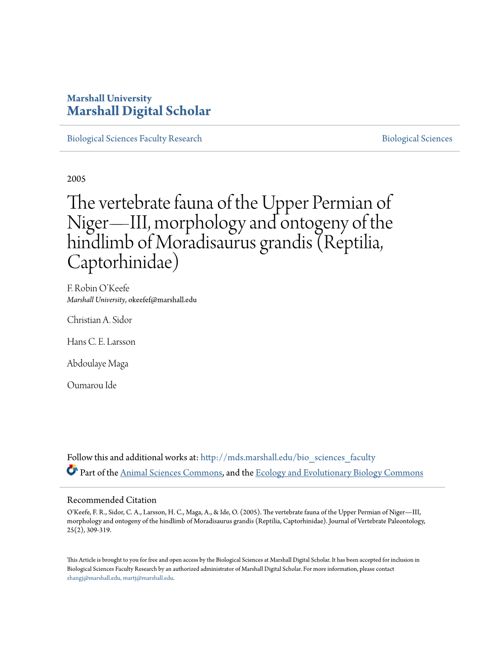 The Vertebrate Fauna of the Upper Permian of Niger—III, Morphology and Ontogeny of the Hindlimb of Moradisaurus Grandis (Reptilia, Captorhinidae) F