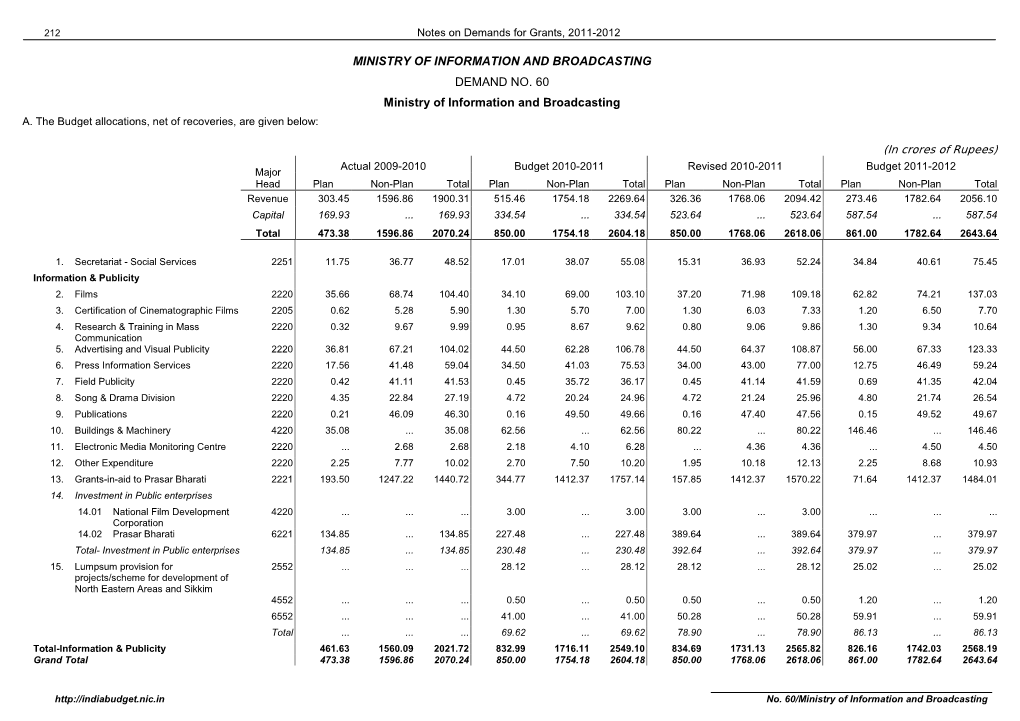 MINISTRY of INFORMATION and BROADCASTING DEMAND NO. 60 Ministry of Information and Broadcasting A