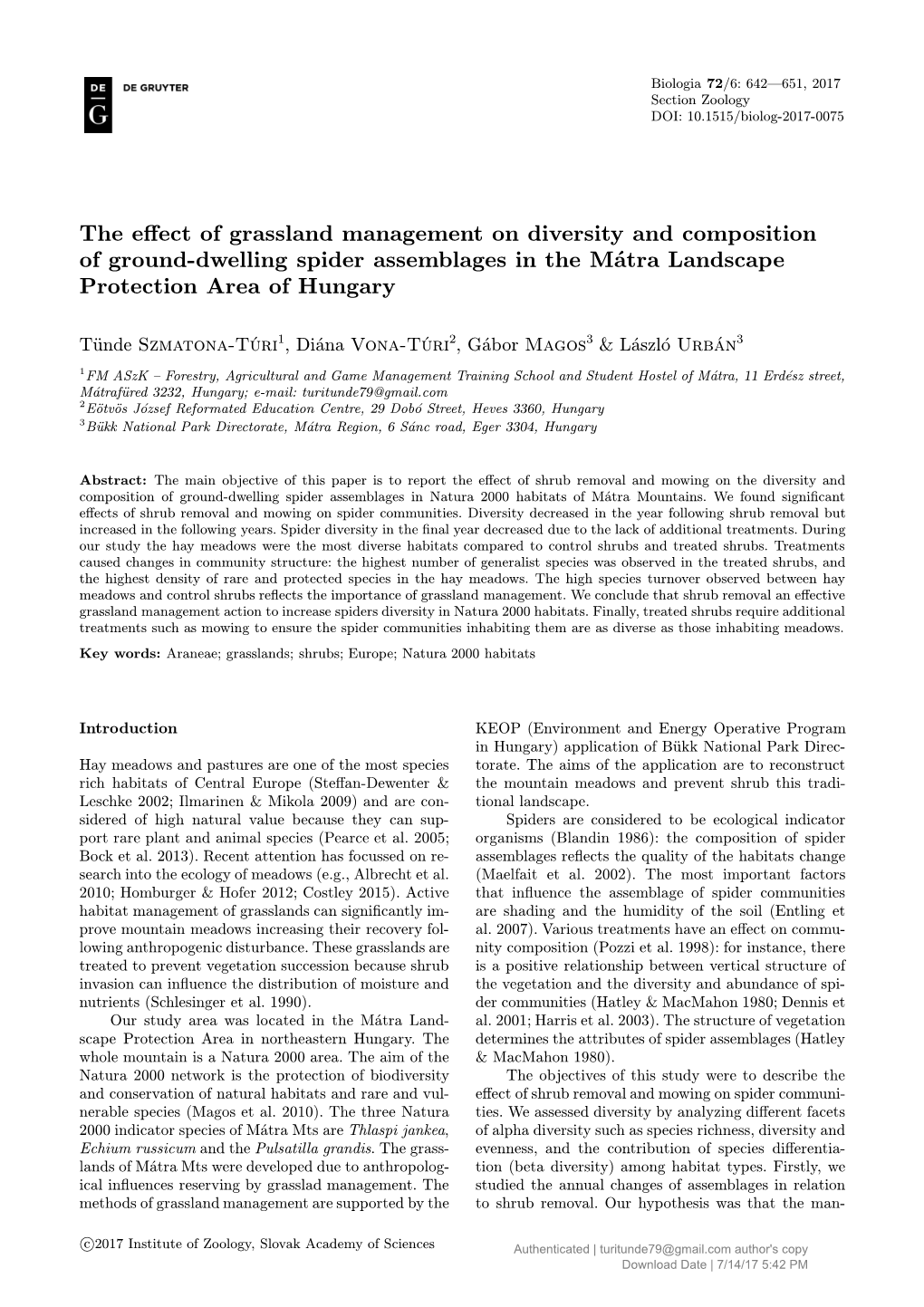 The Effect of Grassland Management on Diversity and Composition Of