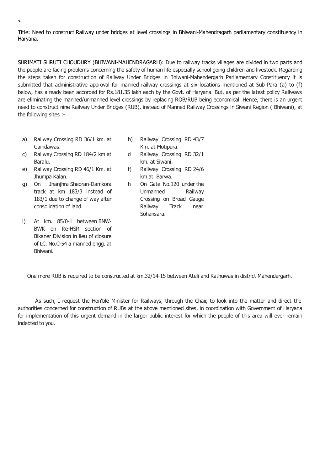 Title: Need to Construct Railway Under Bridges at Level Crossings in Bhiwani-Mahendragarh Parliamentary Constituency in Haryana