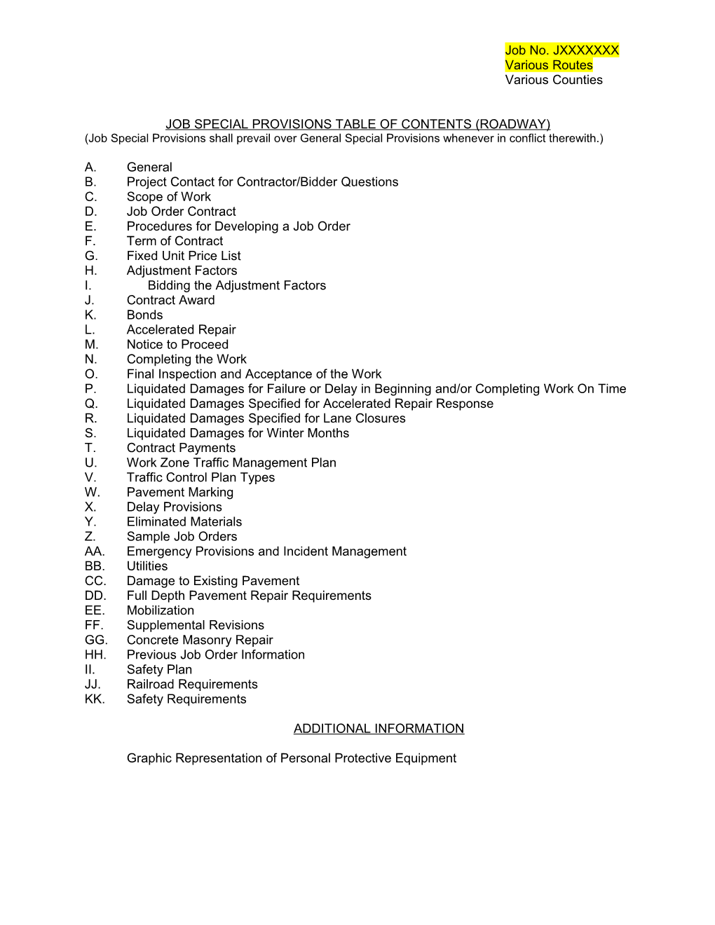 Job Special Provisions Table of Contents (Roadway) s2