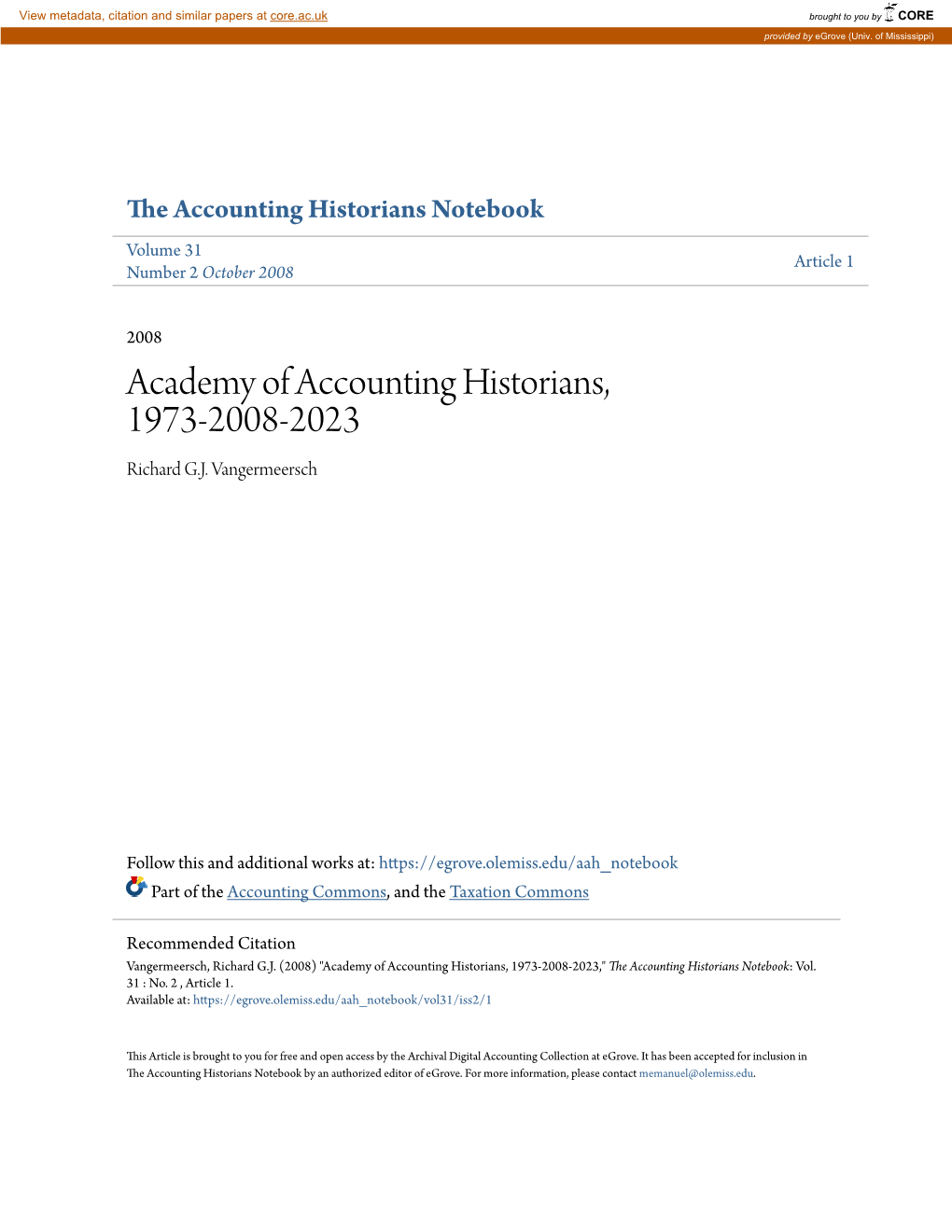 Academy of Accounting Historians, 1973-2008-2023 Richard G.J