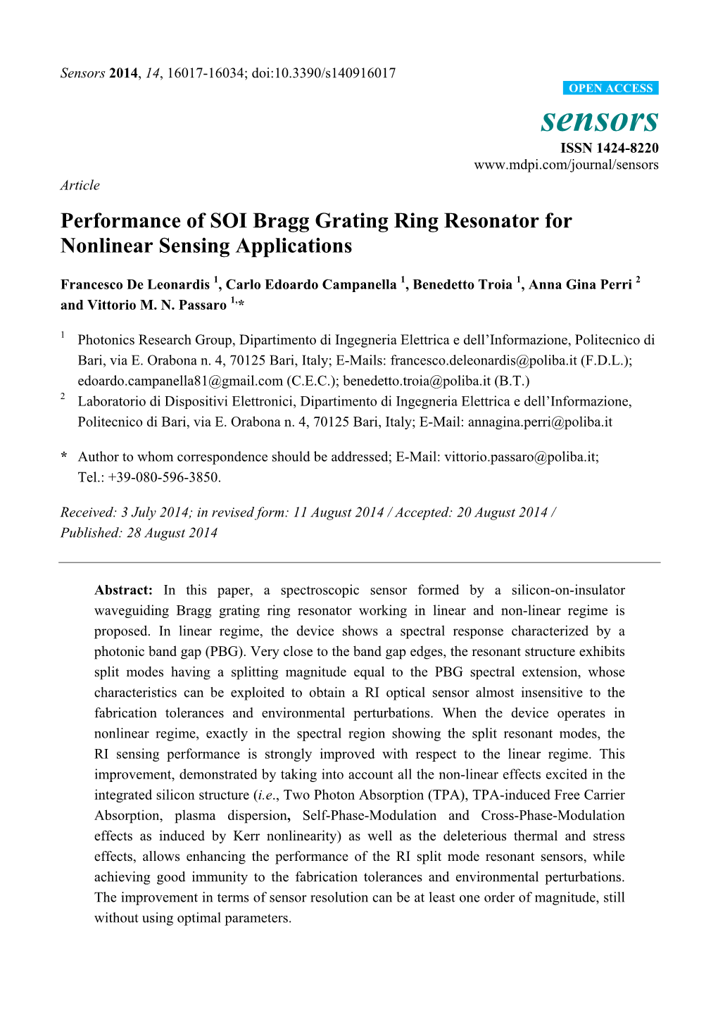 Performance of SOI Bragg Grating Ring Resonator for Nonlinear Sensing Applications