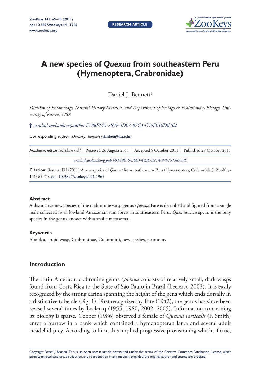 A New Species of Quexua from Southeastern Peru