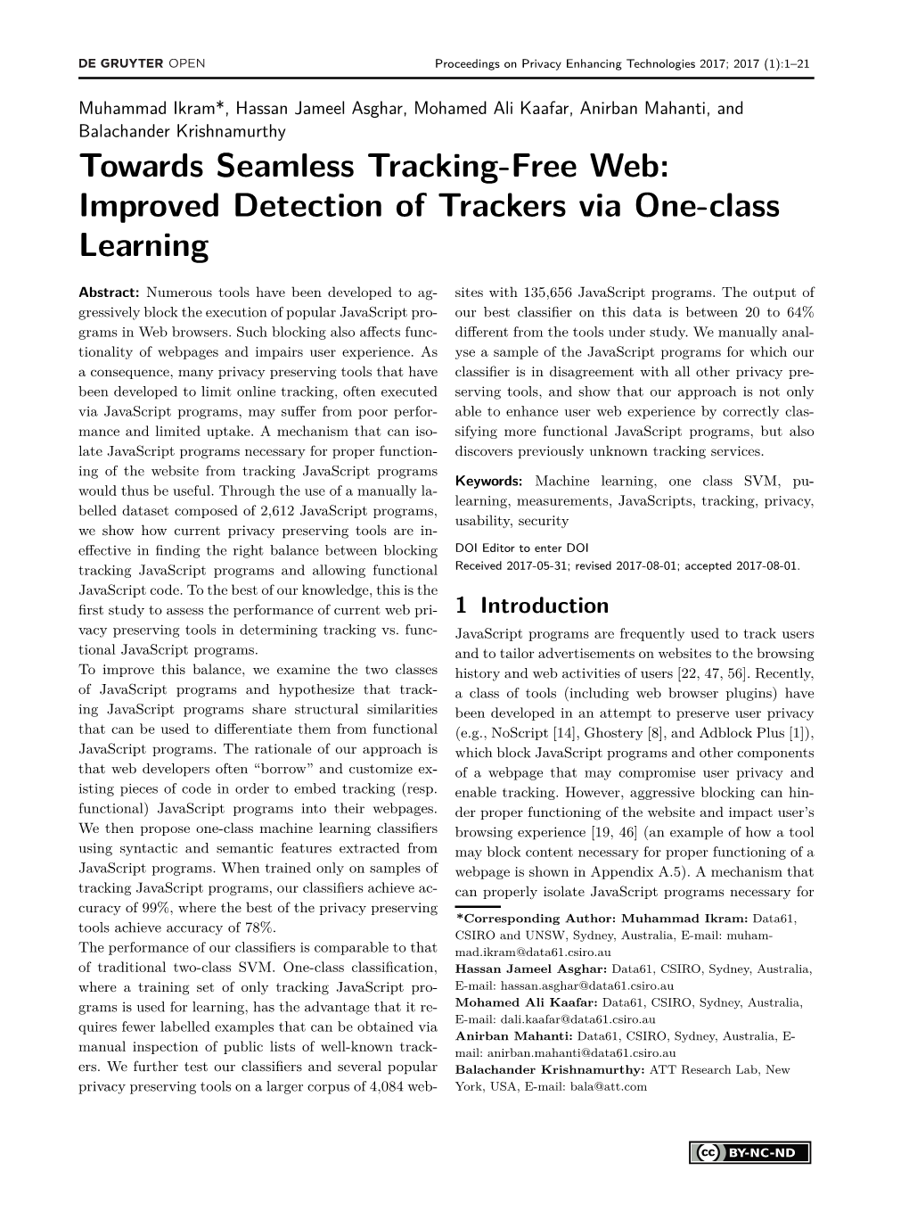 Towards Seamless Tracking-Free Web: Improved Detection of Trackers Via One-Class Learning
