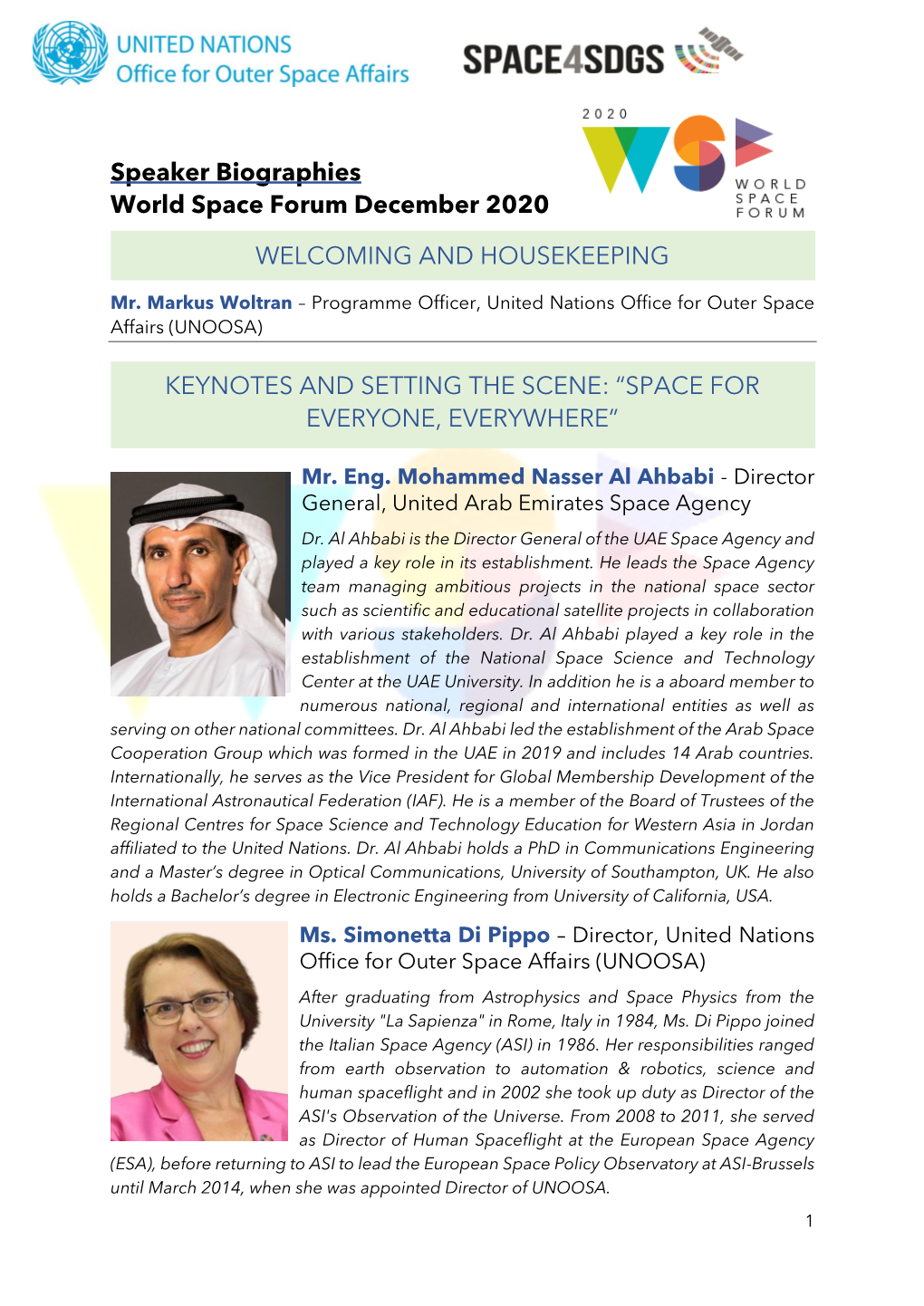 Speaker Biographies World Space Forum December 2020