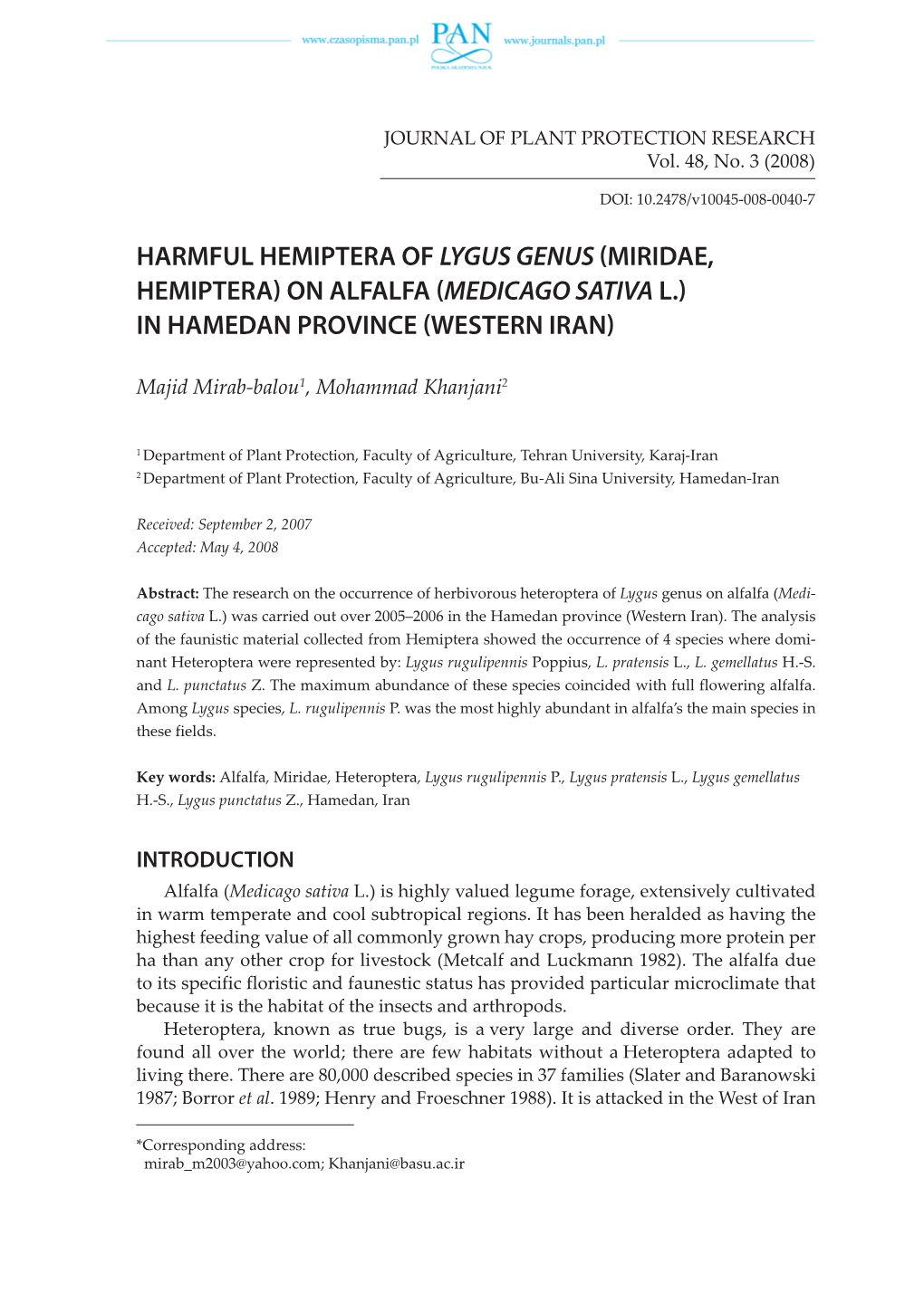 Harmful Hemiptera of Lygus Genus (Miridae, Hemiptera) on Alfalfa (Medicago Sativa L.) in Hamedan Province (Western Iran)