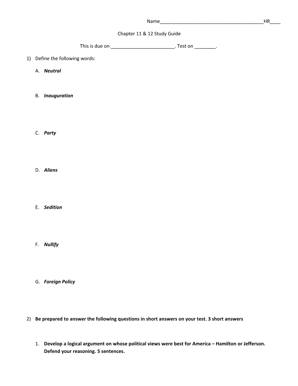 Chapter 11 & 12 Study Guide