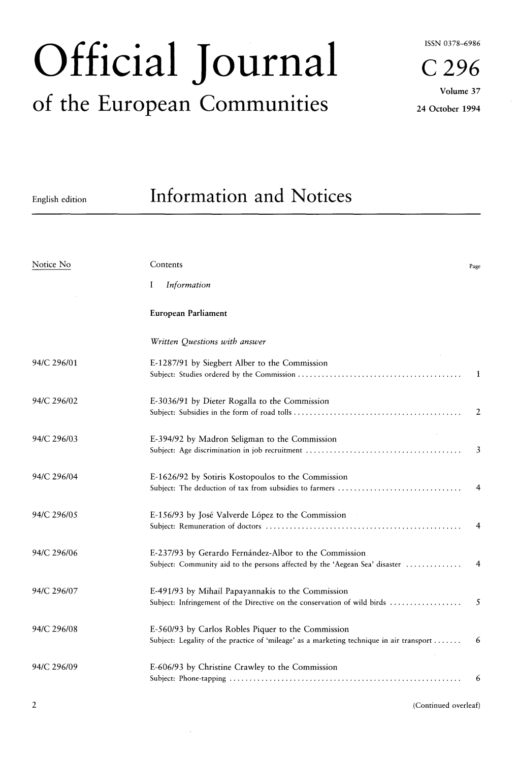 Official Journal C 296 Volume 37 of the European Communities 24 October 1994