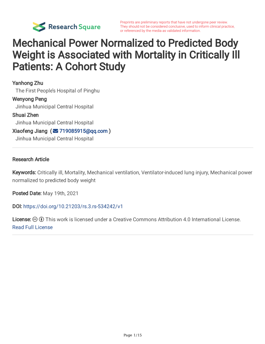 Mechanical Power Normalized to Predicted Body Weight Is Associated with Mortality in Critically Ill Patients: a Cohort Study