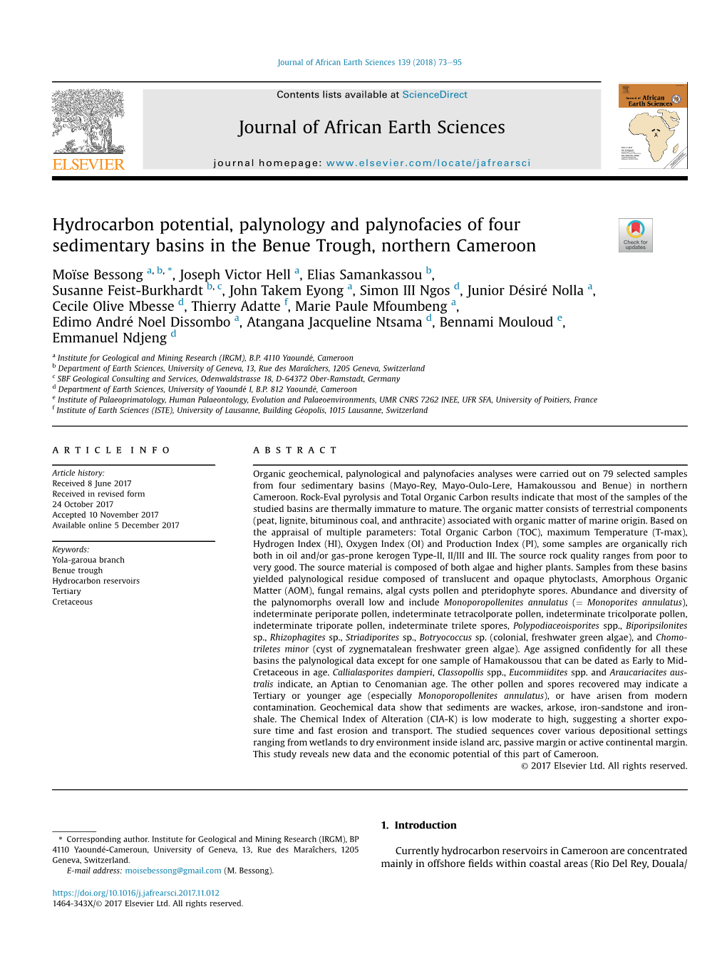 Hydrocarbon Potential, Palynology and Palynofacies of Four Sedimentary Basins in the Benue Trough, Northern Cameroon