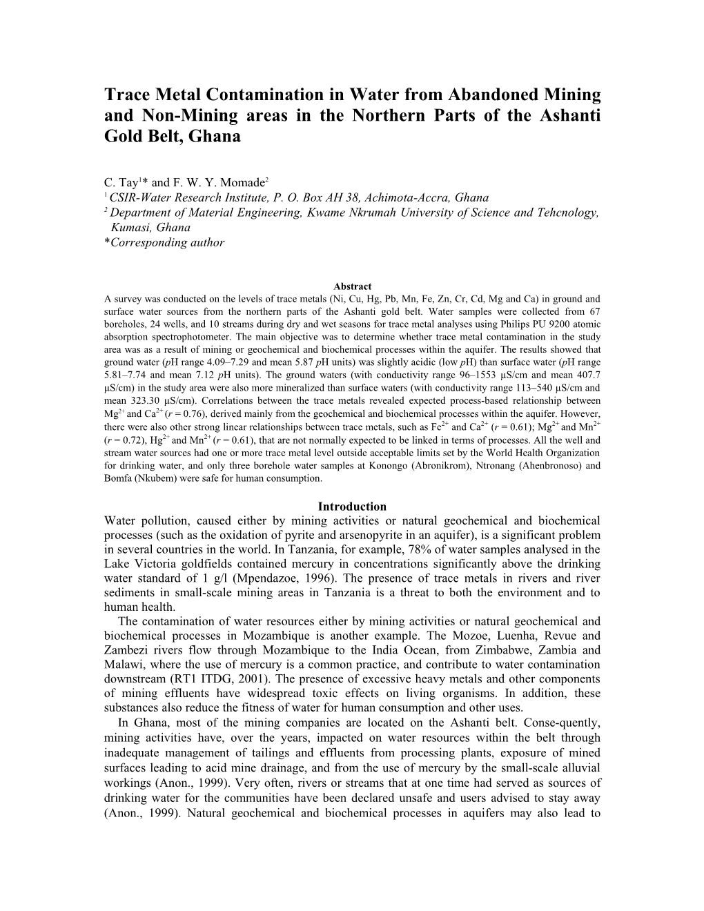 Trace Metal Contamination in Water from Abandoned Mining and Non-Mining Areas in the Northern Parts of the Ashanti Gold Belt, Ghana