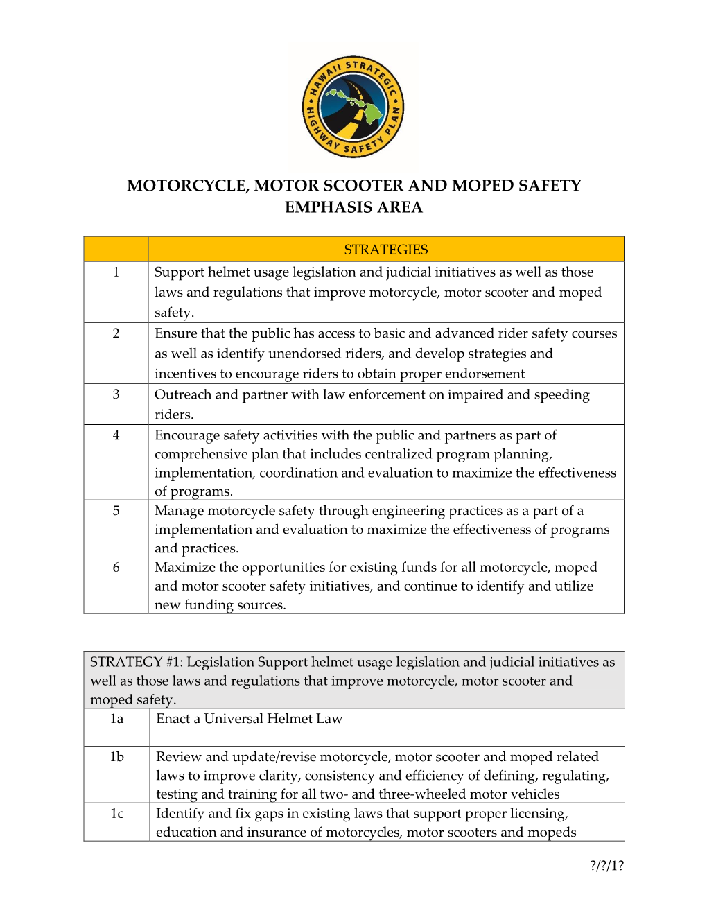 Motorcycle, Motor Scooter and Moped Safety Emphasis Area