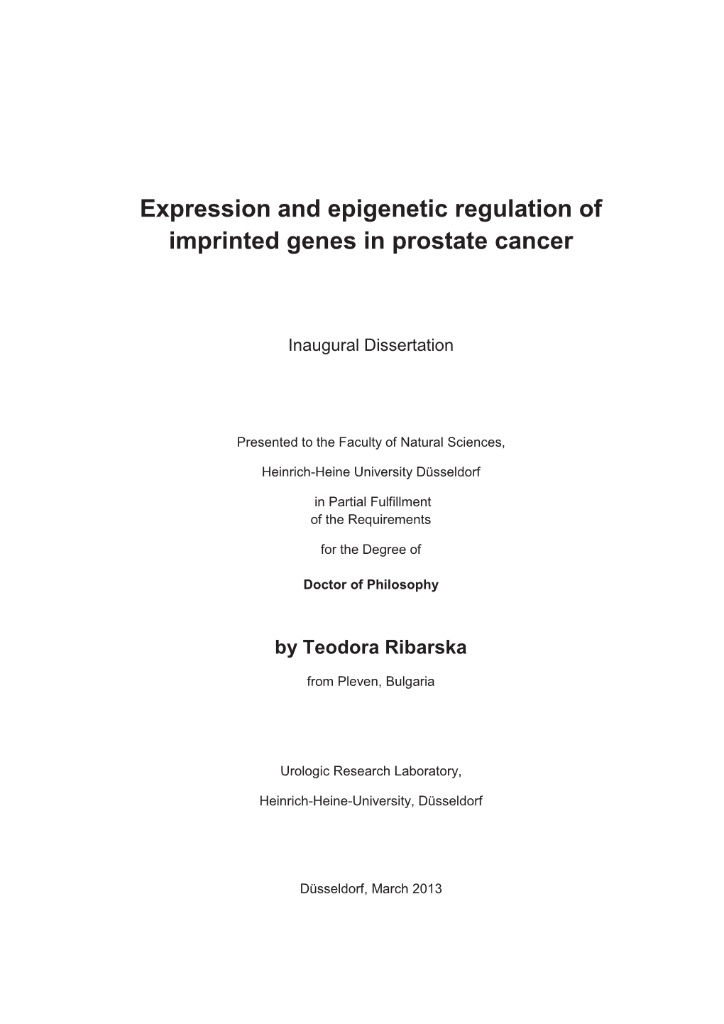 Expression and Epigenetic Regulation of Imprinted Genes in Prostate Cancer