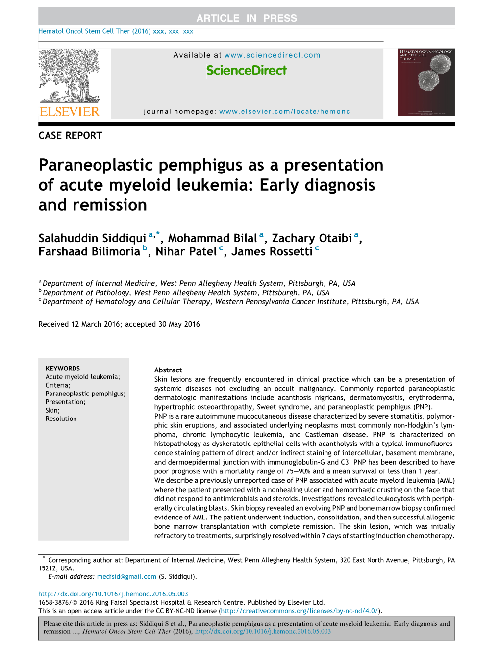 Paraneoplastic Pemphigus As a Presentation of Acute Myeloid Leukemia: Early Diagnosis and Remission