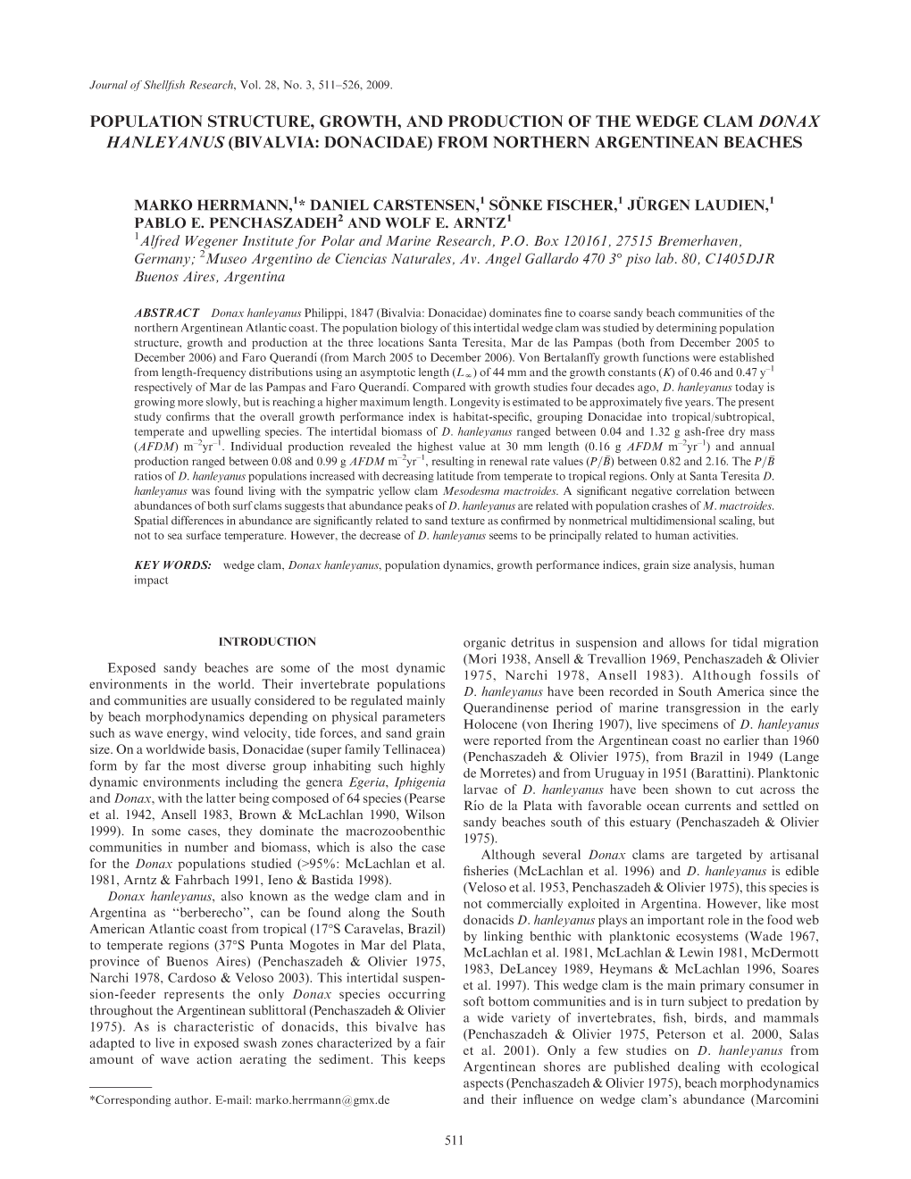 Population Structure, Growth, and Production of the Wedge Clam Donax Hanleyanus (Bivalvia: Donacidae) from Northern Argentinean Beaches