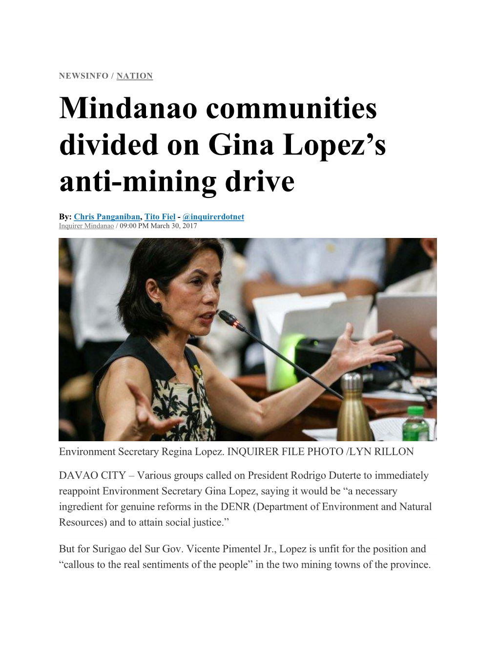 Mindanao Communities Divided on Gina Lopez's Anti-Mining Drive.Pdf