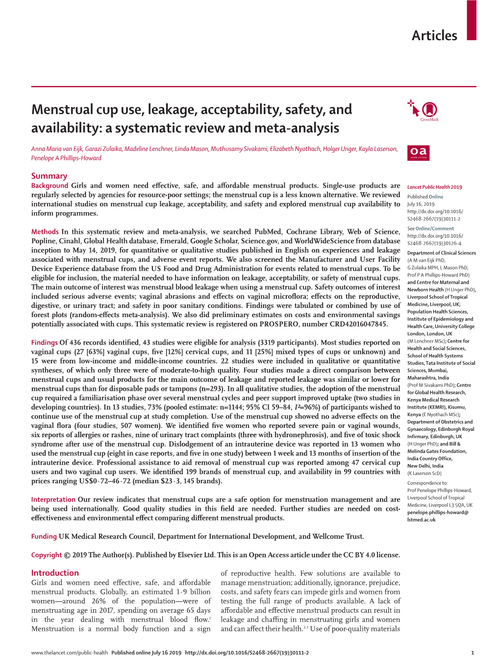 Menstrual Cup Use, Leakage, Acceptability, Safety, and Availability: a Systematic Review and Meta-Analysis