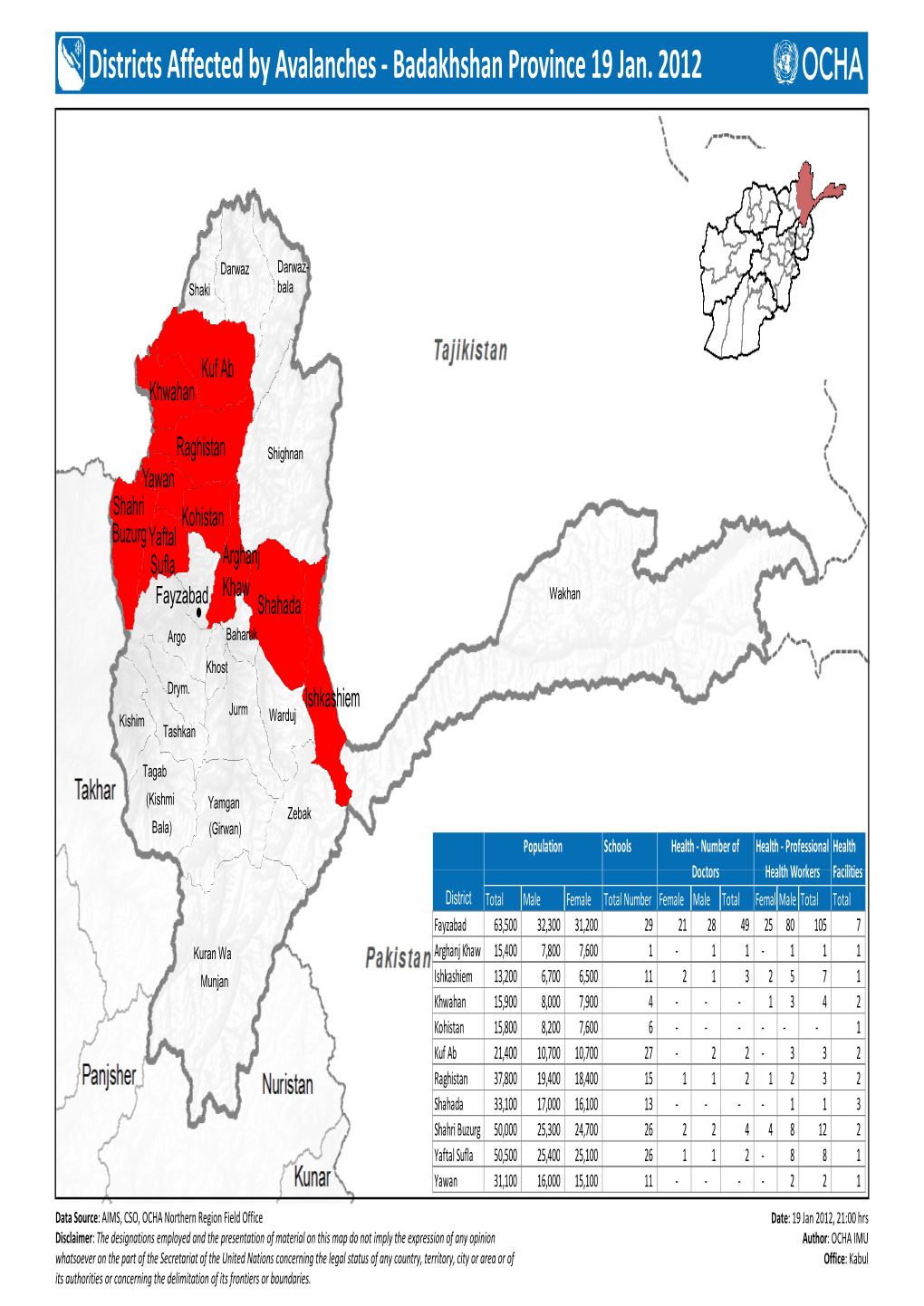 Districts Affected by Avalanches ‐ Badakhshan Province 19 Jan